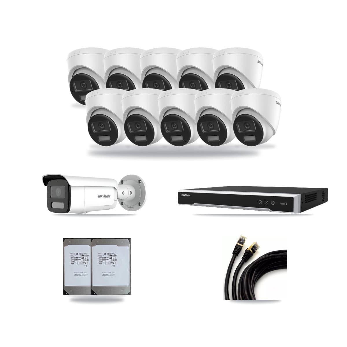 Hikvision 16-Channel 4MP – 4K CCTV Kit — 10 DS-2CD1383G2-LIU 4K Turret + 1 DS-2CD2T47G2H-LISU/SL 4MP Bullet Cameras + 2× 14TB Recording (DS-7616NI-M2/16P Recorder) - Image 1