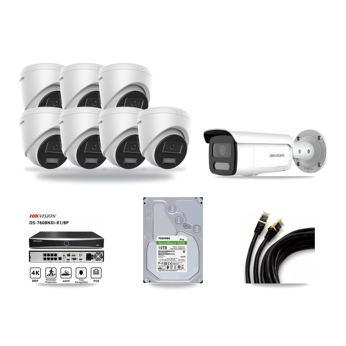 Hikvision 8-Channel 4MP CCTV Kit — 7 DS-2CD1343G2 Turret + 1 DS-2CD2T47G2H Bullet Cameras + 10TB Recording - Image 1