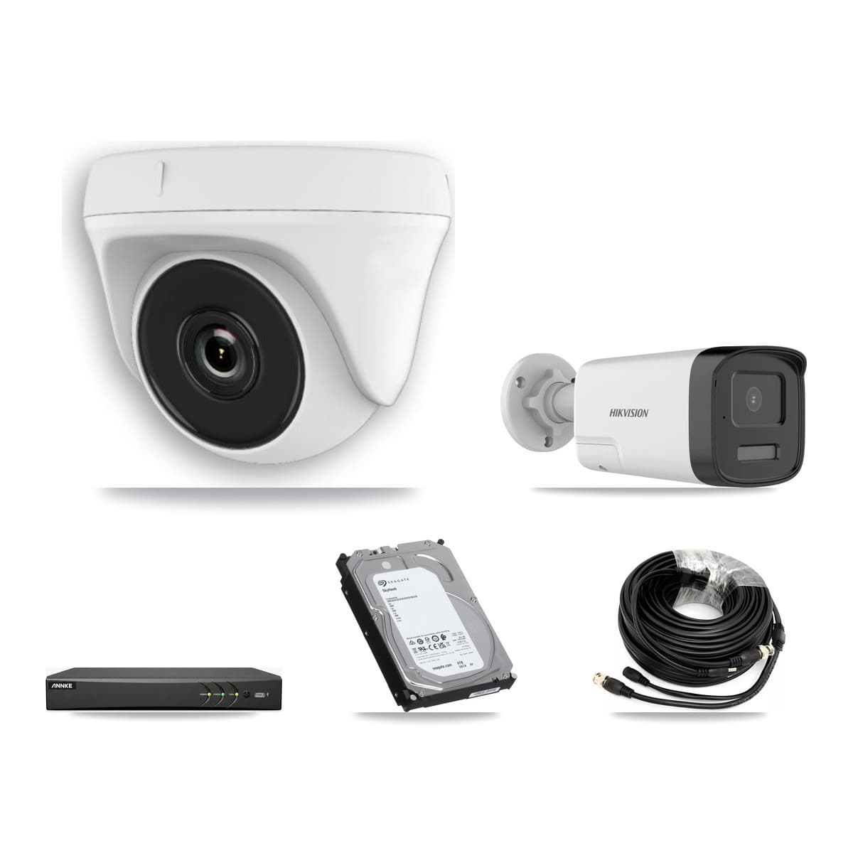 Hikvision & ANNKE 4-Channel 2MP – 5MP CCTV Kit — 1 DS-2CE17K0T 5MP Bullet + 3 White HDT-2MP-N20W 2MP Dome Cameras + 6TB Recording