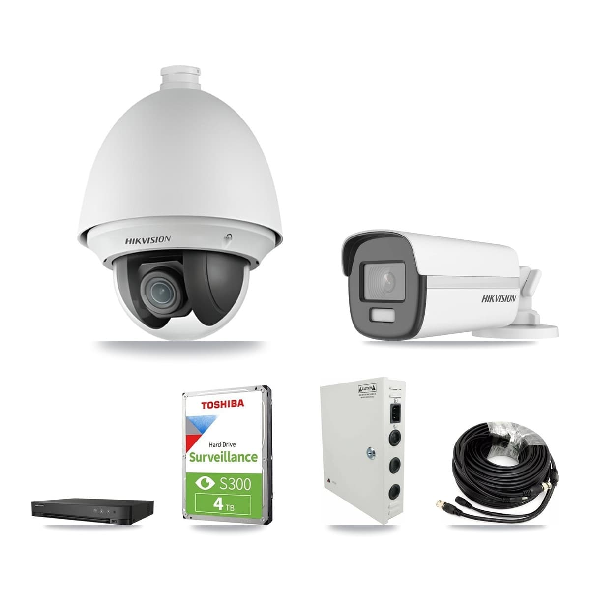 Hikvision 4-Channel 2MP – 4K CCTV Kit — 2 DS-2AE4225T 2MP PTZ + 1 DS-2CE12UF3T 4K Bullet Cameras + 4TB Recording (DS-7204HUHI Recorder)