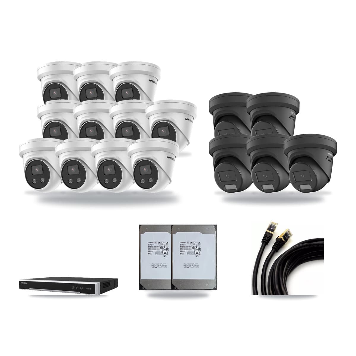 Hikvision 16-Channel 4MP – 5MP CCTV Kit — 5 Black 4MP + 11 5MP Turret Cameras + 2× 14TB Recording (DS-7616NI-M2 Recorder) - Image 1