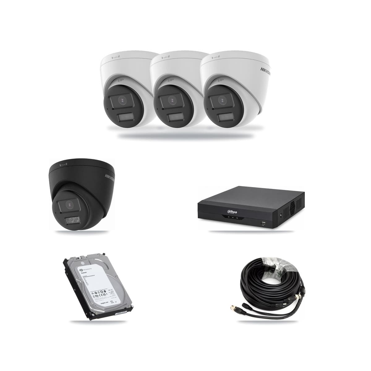 Hikvision & Dahua 4-Channel 5MP – 4K CCTV Kit — 3 DS-2CE78K0T-LPTS 5MP + 1 Black DS-2CE78U0T-LTS-BLACK 4K Turret Cameras + 6TB Recording (DH-XVR5104HS-4KL-I2 Recorder) - Image 1