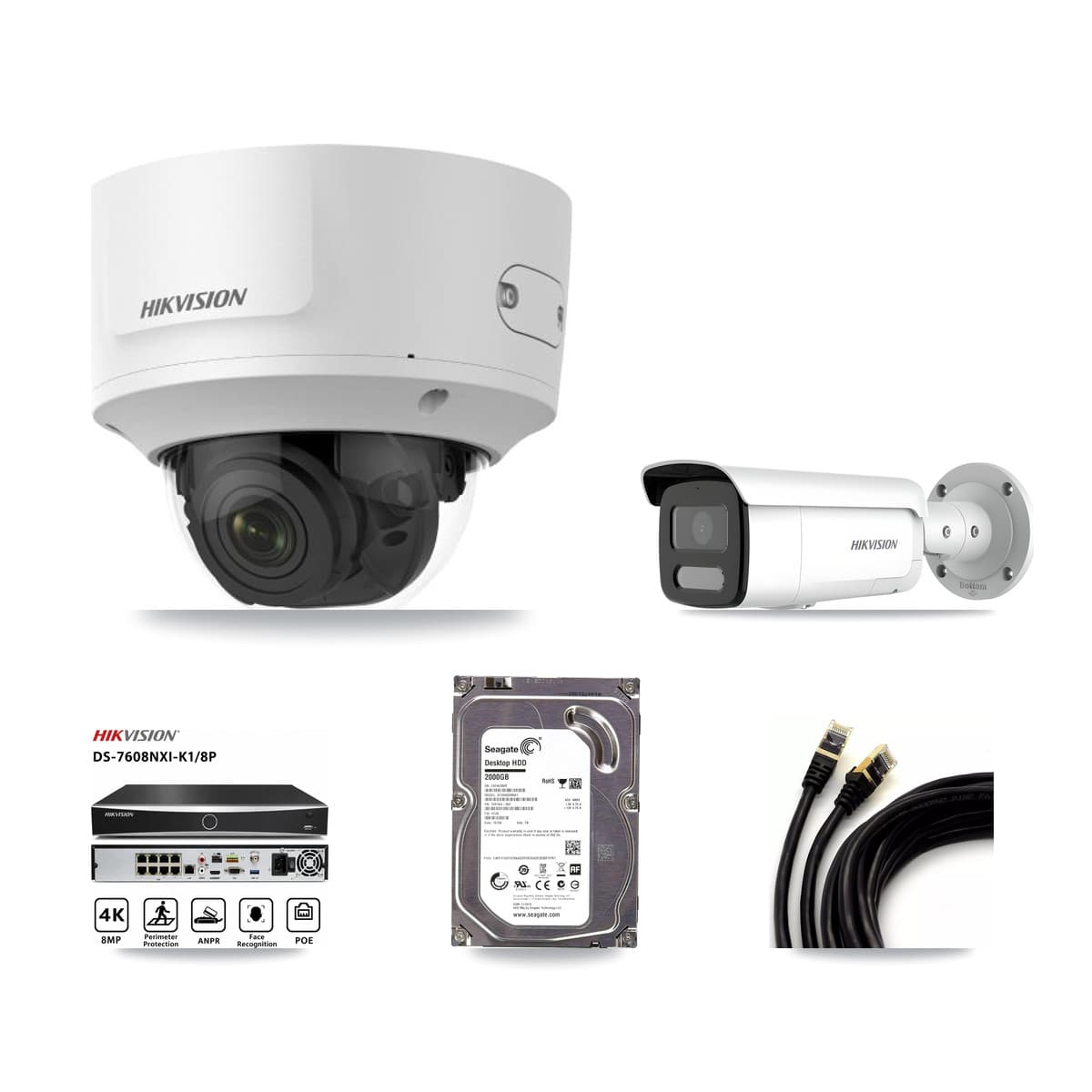 Hikvision 8-Channel 2MP – 4MP CCTV Kit — 1 2MP Dome + 1 4MP Bullet Cameras + 2TB Recording (DS-7608NXI Recorder)