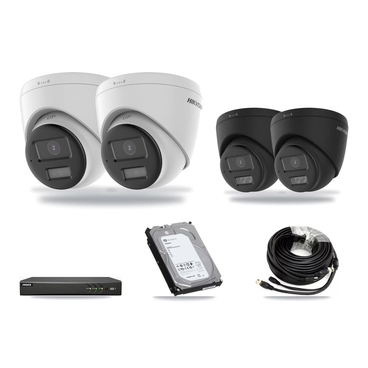 Hikvision & ANNKE 4-Channel 5MP – 4K CCTV Kit — 2 DS-2CE78K0T-LPTS 5MP + 2 Black DS-2CE78U0T-LTS-BLACK 4K Turret Cameras + 6TB Recording (AN-DV4-8MP-D941BB Recorder) - Image 1
