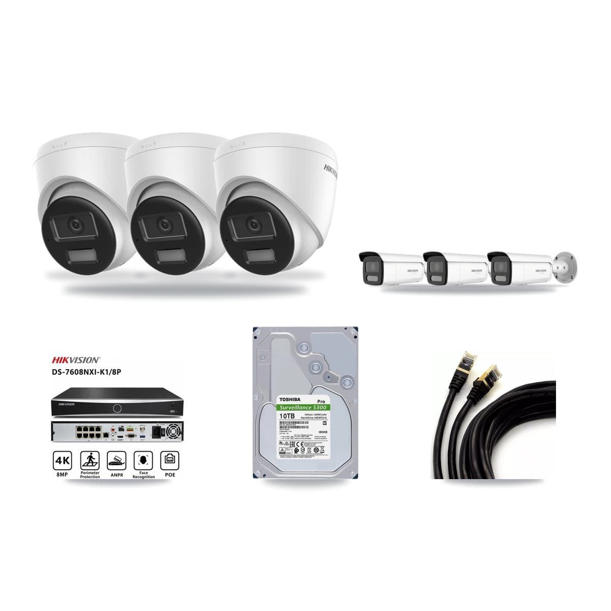 Hikvision 8-Channel 4K CCTV Kit — 3 DS-2CD1383G2-LIU Turret + 3 White DS-2CD2T87G2H-LISU/SL-2.8MM-W Bullet Cameras + 10TB Recording (DS-7608NXI-K1/8P Recorder) - Image 1