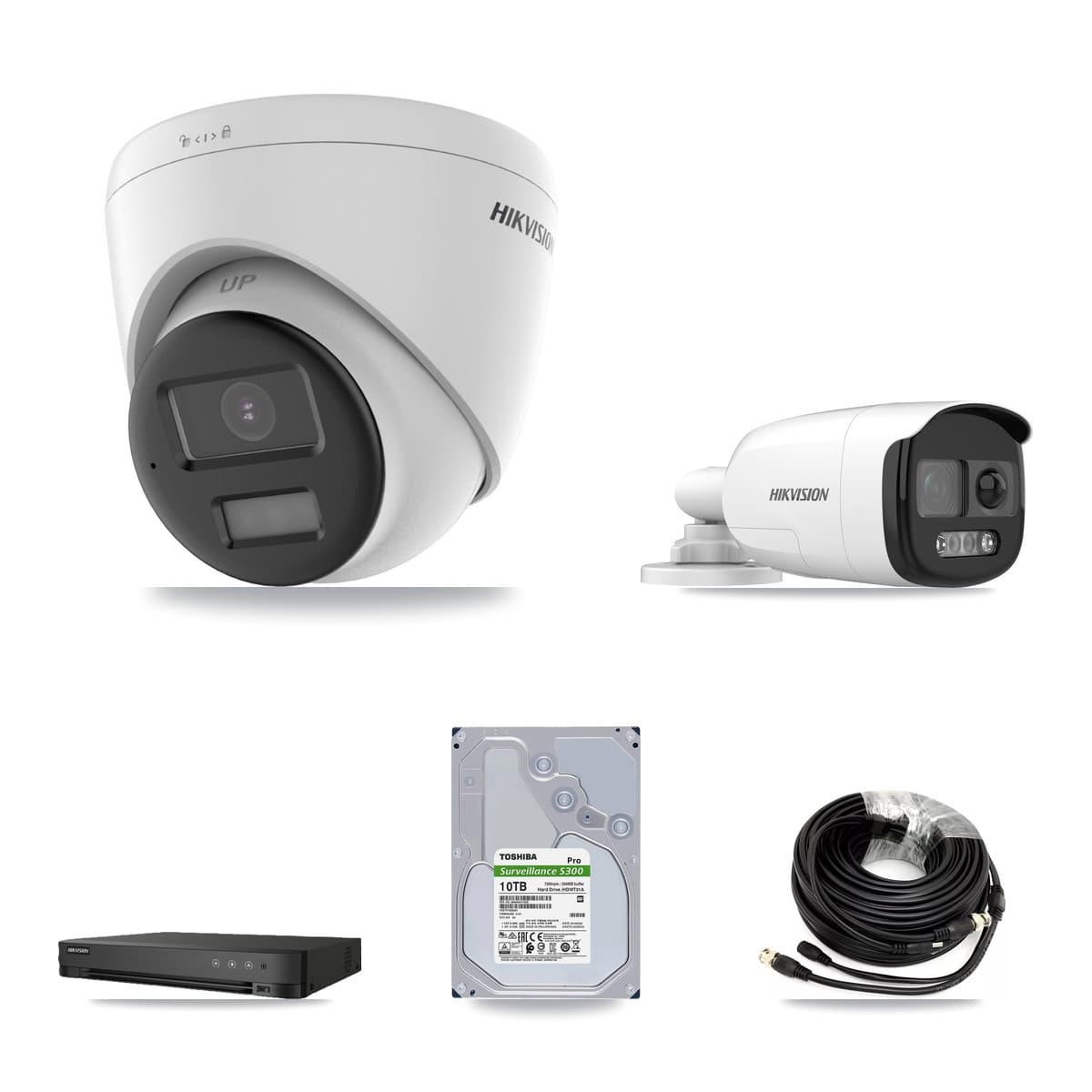 Hikvision 8-Channel 5MP – 4K CCTV Kit — 1 DS-2CE12KF3T-PIRXO 5MP Bullet + 3 DS-2CE78U0T-LPTS 4K Turret Cameras + 10TB Recording (IDS-7208HUHI-M1/E Recorder)