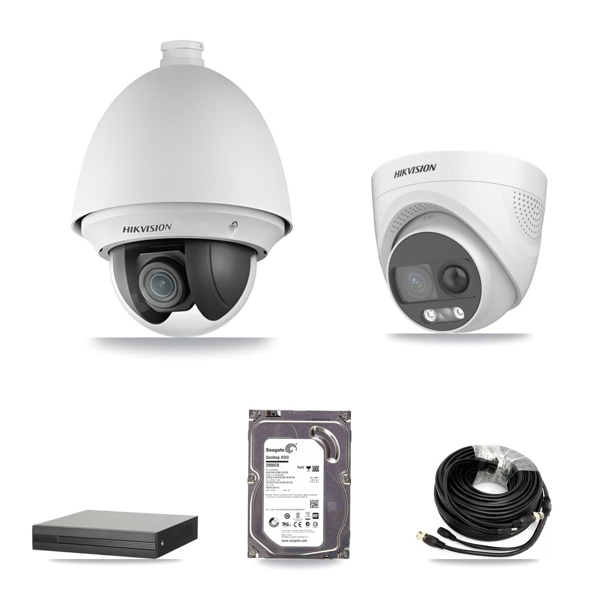 Hikvision 4-Channel 2MP – 5MP CCTV Kit — 1 DS-2AE4225T 2MP PTZ + 1 DS-2CE72KF3T 5MP Turret Cameras + 2TB Recording (XVR-3104HS Recorder)