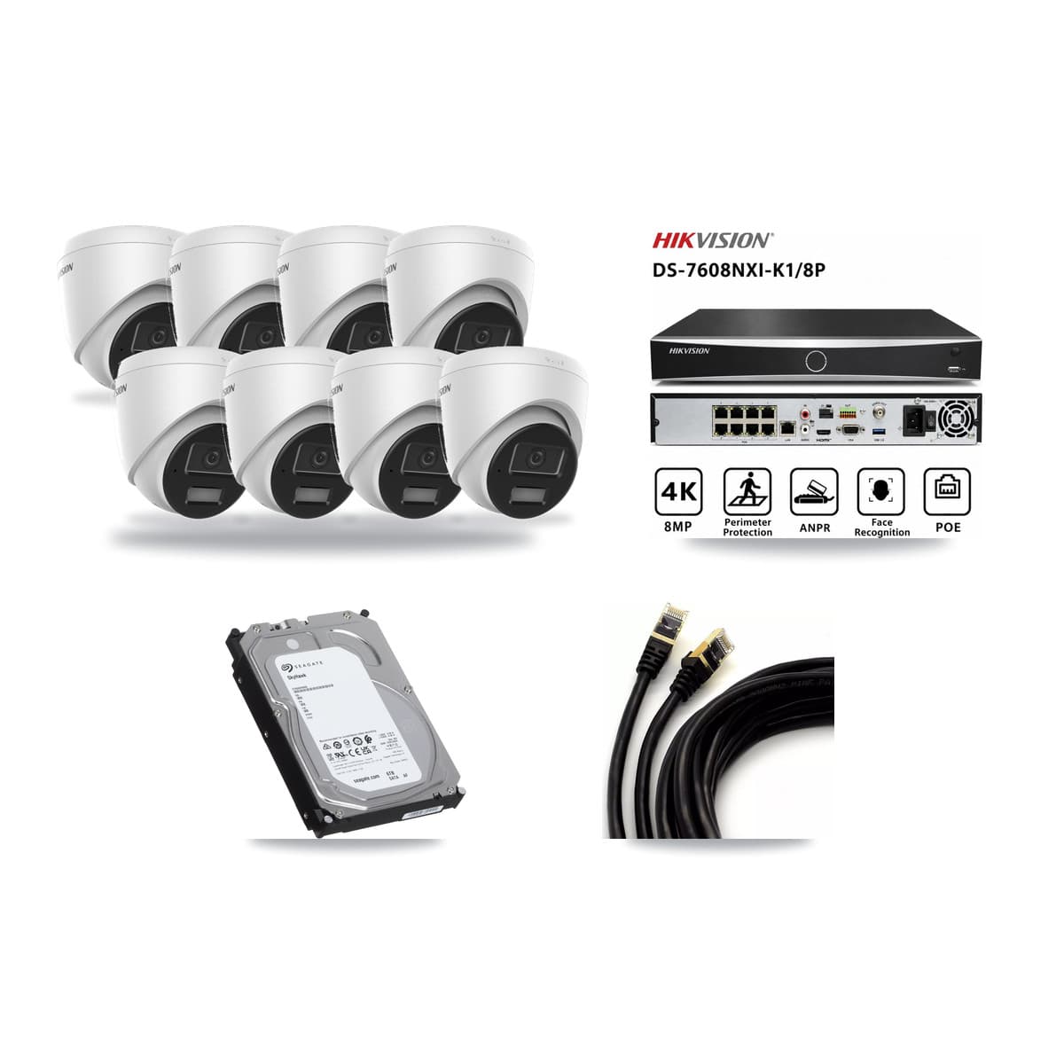 Hikvision 8-Channel 4MP CCTV Kit — 8 DS-2CD1343G2 Turret Cameras + 6TB Recording (DS-7608NXI Recorder) - Image 1