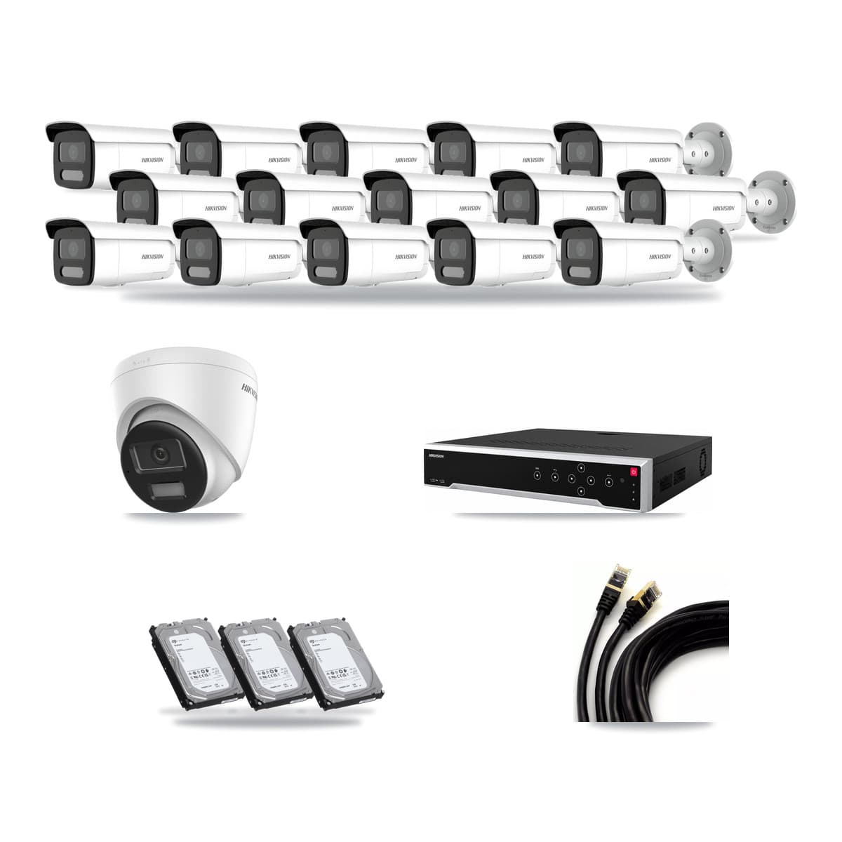 Hikvision 32-Channel 4MP – 4K CCTV Kit — 1 DS-2CD1383G2-LIUF/SL 4K Turret + 15 DS-2CD2T47G2H-LISU/SL 4MP Bullet Cameras + 3× 6TB Recording (DS-7732NI-M4/24P Recorder) - Image 1