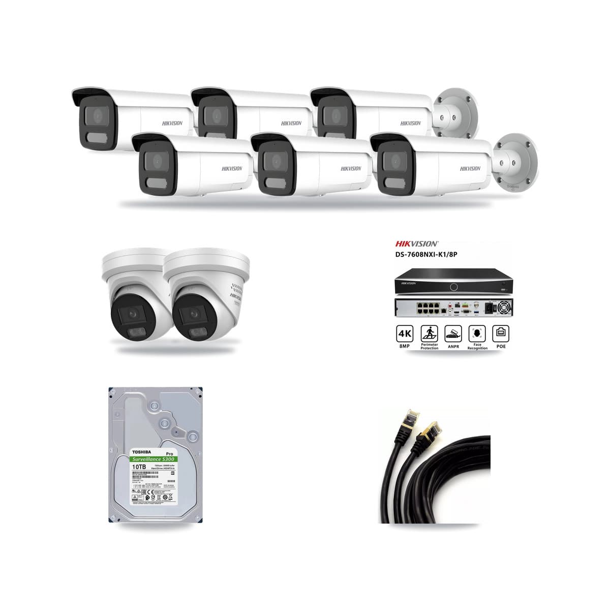 Hikvision 8-Channel 4MP CCTV Kit — 2 DS-2CD2347G3 Turret + 6 DS-2CD2T47G2H Bullet Cameras + 10TB Recording - Image 1