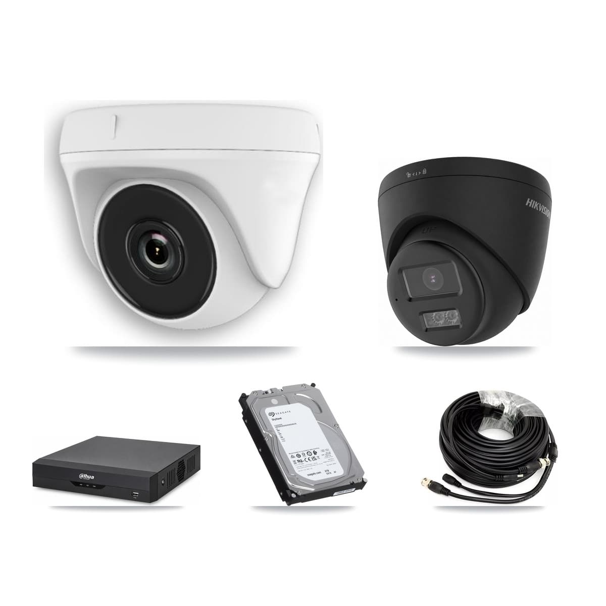 Hikvision & Dahua 4-Channel 2MP – 4K CCTV Kit — 1 Black 4K Turret + 2 White 2MP Dome Cameras + 6TB Recording