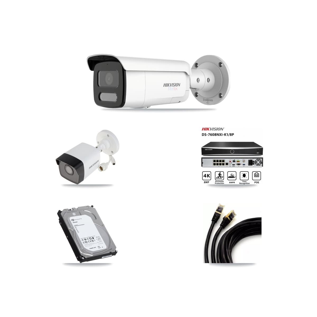 Hikvision 8-Channel 5MP – 4K CCTV Kit — 1 5MP + 2 White 4K Bullet Cameras + 6TB Recording (DS-7608NXI Recorder)