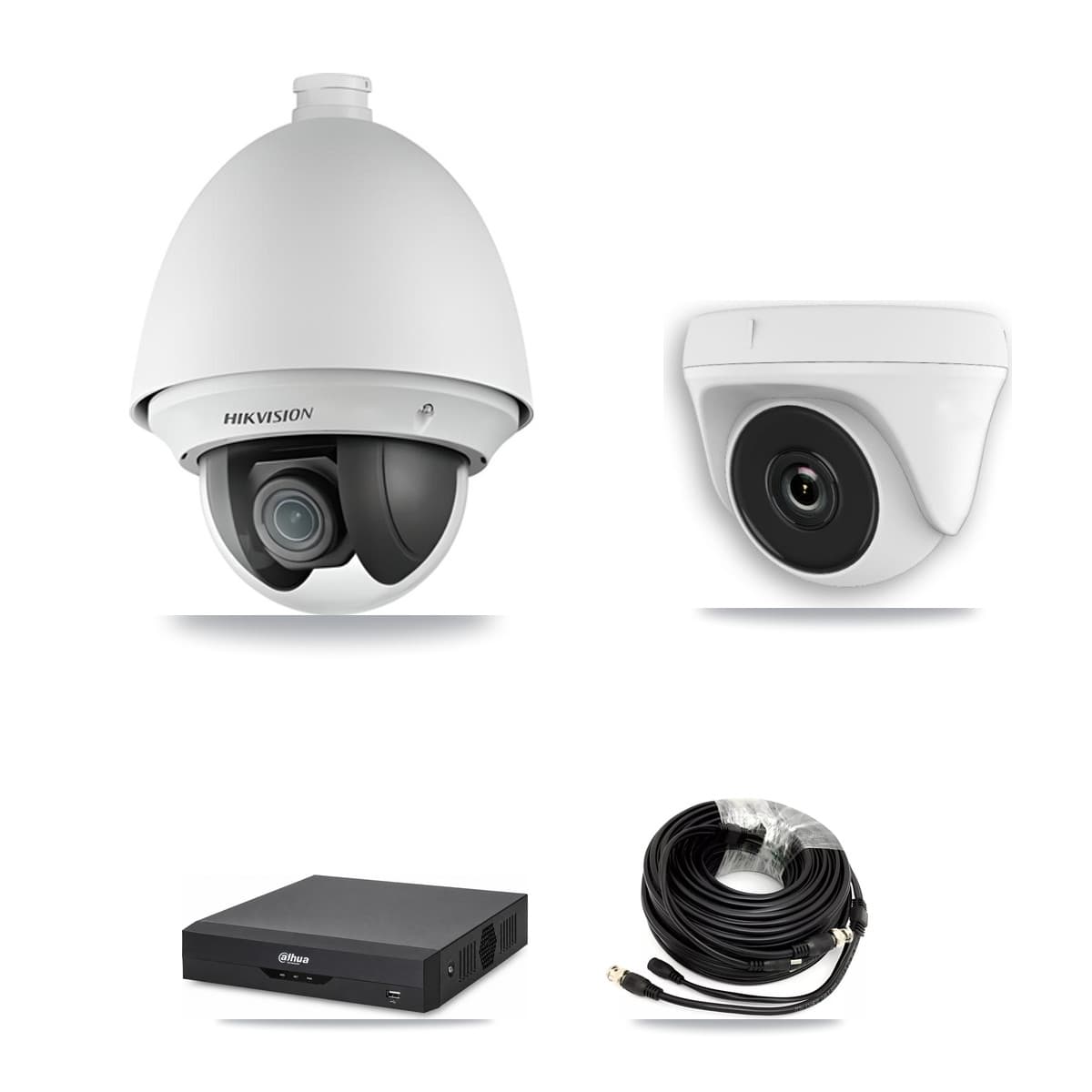 Hikvision & Dahua 4-Channel 2MP CCTV Kit — 1 DS-2AE4225T PTZ + 1 White HDT-2MP-N20W Dome Cameras + 1TB Recording