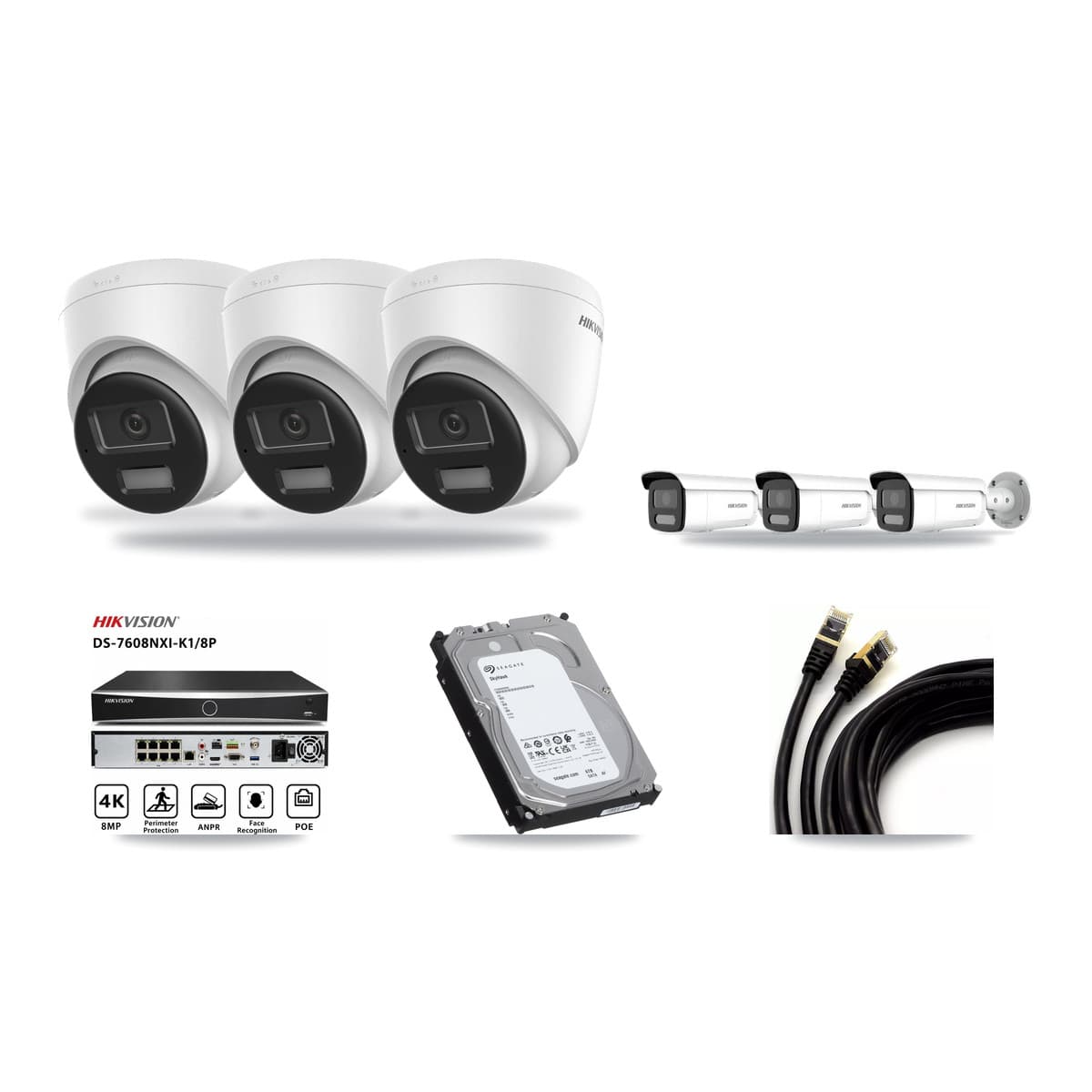 Hikvision 8-Channel 4MP – 4K CCTV Kit — 3 DS-2CD1383G2-LIU 4K Turret + 3 DS-2CD2T47G2H-LISU/SL 4MP Bullet Cameras + 6TB Recording (DS-7608NXI-K1/8P Recorder) - Image 1
