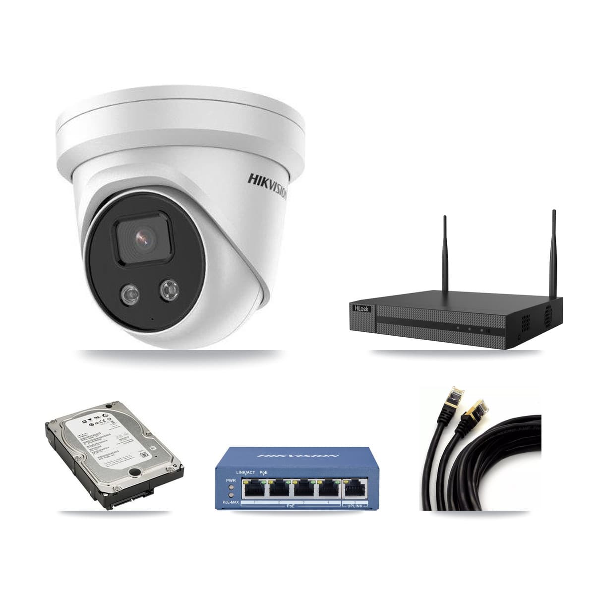Hikvision & HiLook 4-Channel 5MP CCTV Kit — 3 Turret + 1 Dome Cameras + 5TB Recording