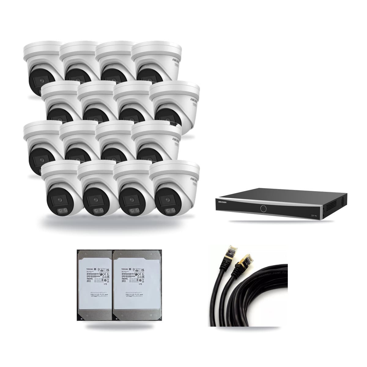 Hikvision 16-Channel 4K CCTV Kit — 16 DS-2CD2387G3 Turret Cameras + 2× 14TB Recording (DS-7616NXI Recorder) - Image 1
