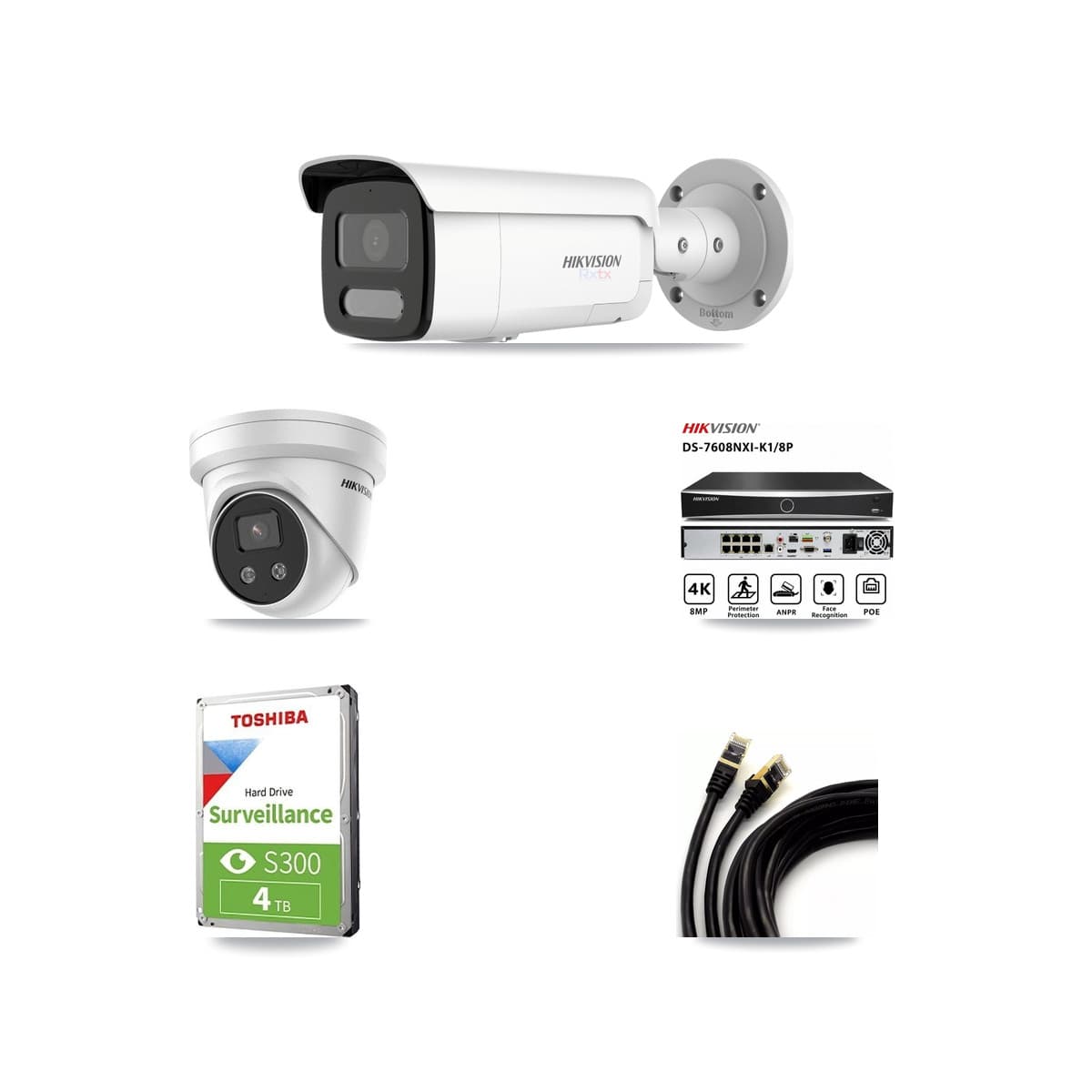 Hikvision 8-Channel 5MP – 4K CCTV Kit — 1 White 4K Bullet + 1 5MP Turret Cameras + 4TB Recording (DS-7608NXI Recorder)