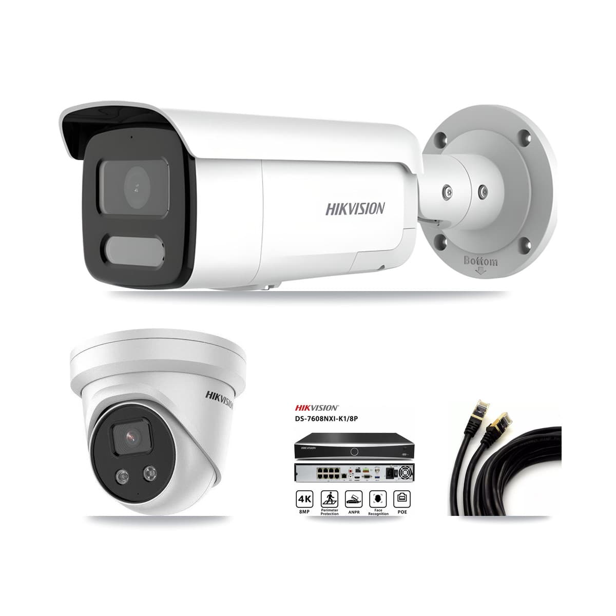 Hikvision 8-Channel 4MP – 5MP CCTV Kit — 1 4MP Bullet + 1 5MP Turret Cameras + 3TB Recording (DS-7608NXI Recorder)