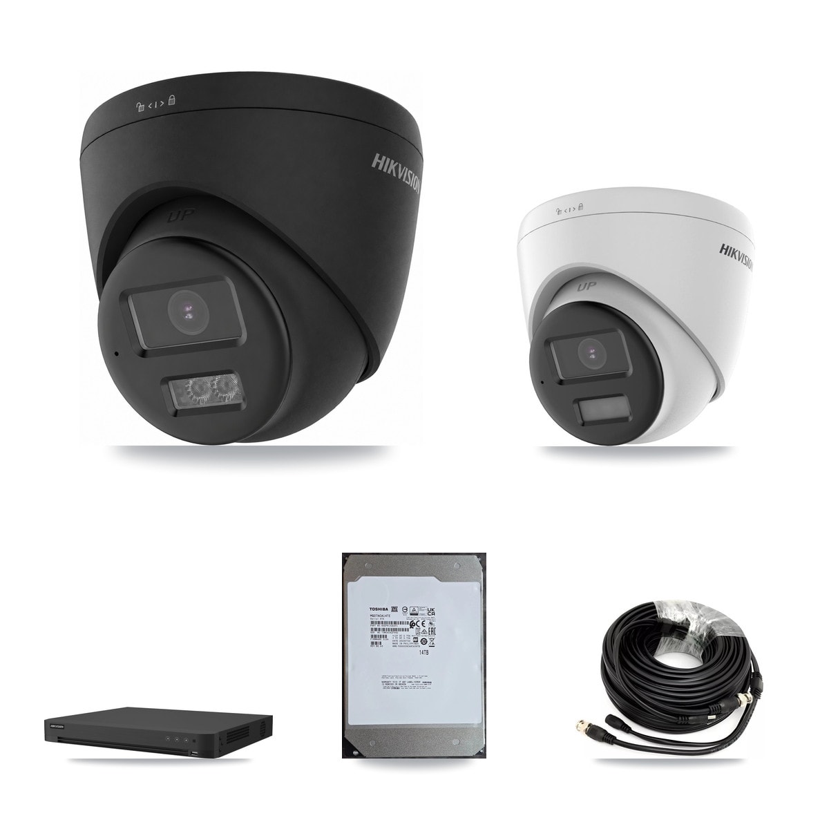 Hikvision iDS-7216HUHI-M2/XT 16-Channel DVR CCTV Kit — 1× DS-2CE78U0T-LPTS Turret + 3× DS-2CE78U0T-LTS-Black Black Turret 4K Cameras + 14TB HDD - Image 1