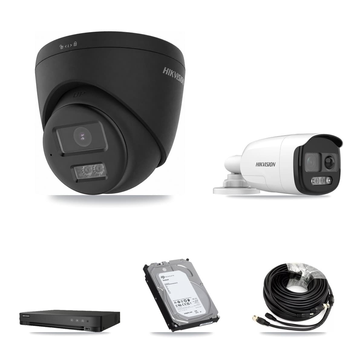 Hikvision 8-Channel 5MP – 4K CCTV Kit — 2 DS-2CE12KF3T-PIRXO 5MP Bullet + 6 Black DS-2CE78U0T-LTS-BLACK 4K Turret Cameras + 6TB Recording (IDS-7208HUHI-M1/E Recorder) - Image 1