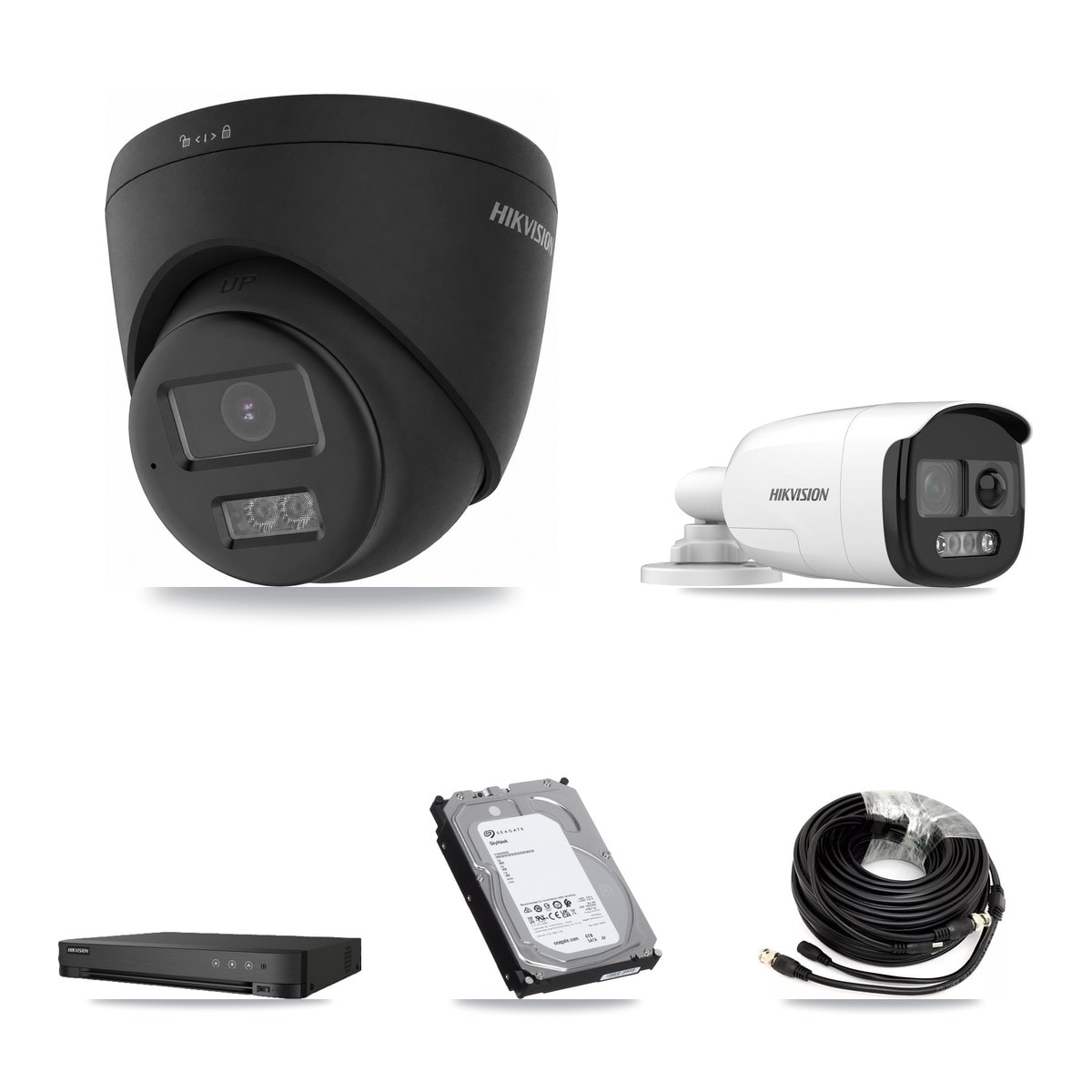 Hikvision 8-Channel 5MP – 4K CCTV Kit — 2 DS-2CE12KF3T-PIRXO 5MP Bullet + 6 Black DS-2CE78U0T-LTS-BLACK 4K Turret Cameras + 6TB Recording (IDS-7208HUHI-M1/E Recorder)