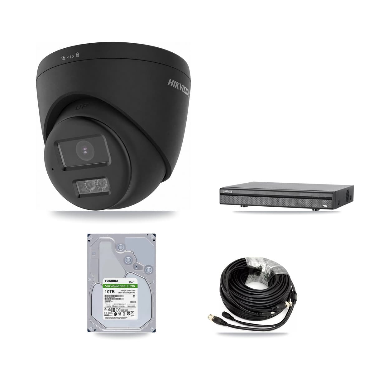 Hikvision & Dahua 8-Channel 4K CCTV Kit — 4 Black Turret Cameras + 10TB Recording (DH-XVR5108H Recorder)