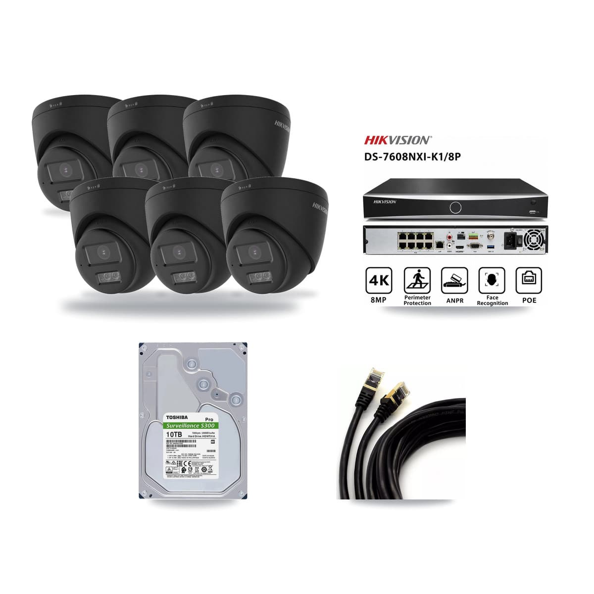 Hikvision 8-Channel 4K CCTV Kit — 6 Black DS-2CD1383G2 Turret Cameras + 10TB Recording - Image 1