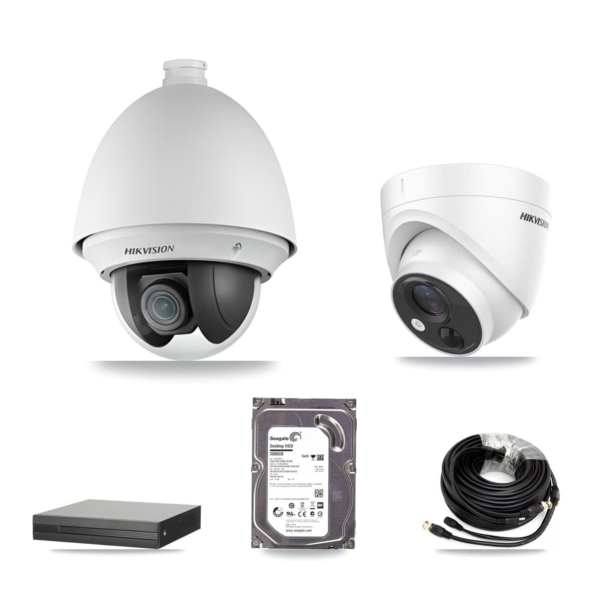 Hikvision 4-Channel 2MP – 5MP CCTV Kit — 1 DS-2AE4225T 2MP PTZ + 1 DS-2CE71H0T 5MP Turret Cameras + 2TB Recording (XVR-3104HS Recorder)