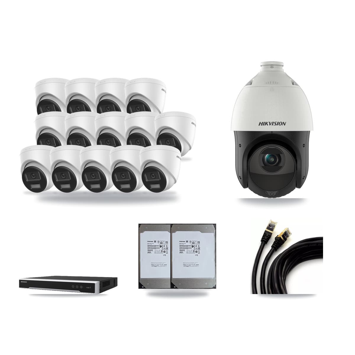 Hikvision 16-Channel 4MP – 4K CCTV Kit — 14 4K Turret + 1 4MP PTZ Cameras + 2× 14TB Recording (DS-7616NI-M2 Recorder) - Image 1