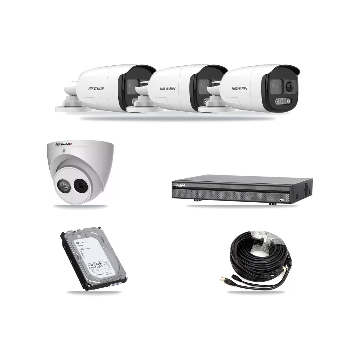 8-Channel 4MP – 5MP CCTV Kit — 3 DS-2CE12KF3T 5MP Bullet + 1 PXC-612C4W-A 4MP Turret Cameras + 6TB Recording (DH-XVR5108H Recorder) - Image 1