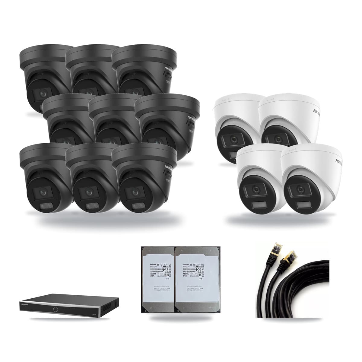 Hikvision 16-Channel 4K CCTV Kit — 4 DS-2CD1383G2 + 9 Black DS-2CD2387G3 Turret Cameras + 2× 14TB Recording - Image 1