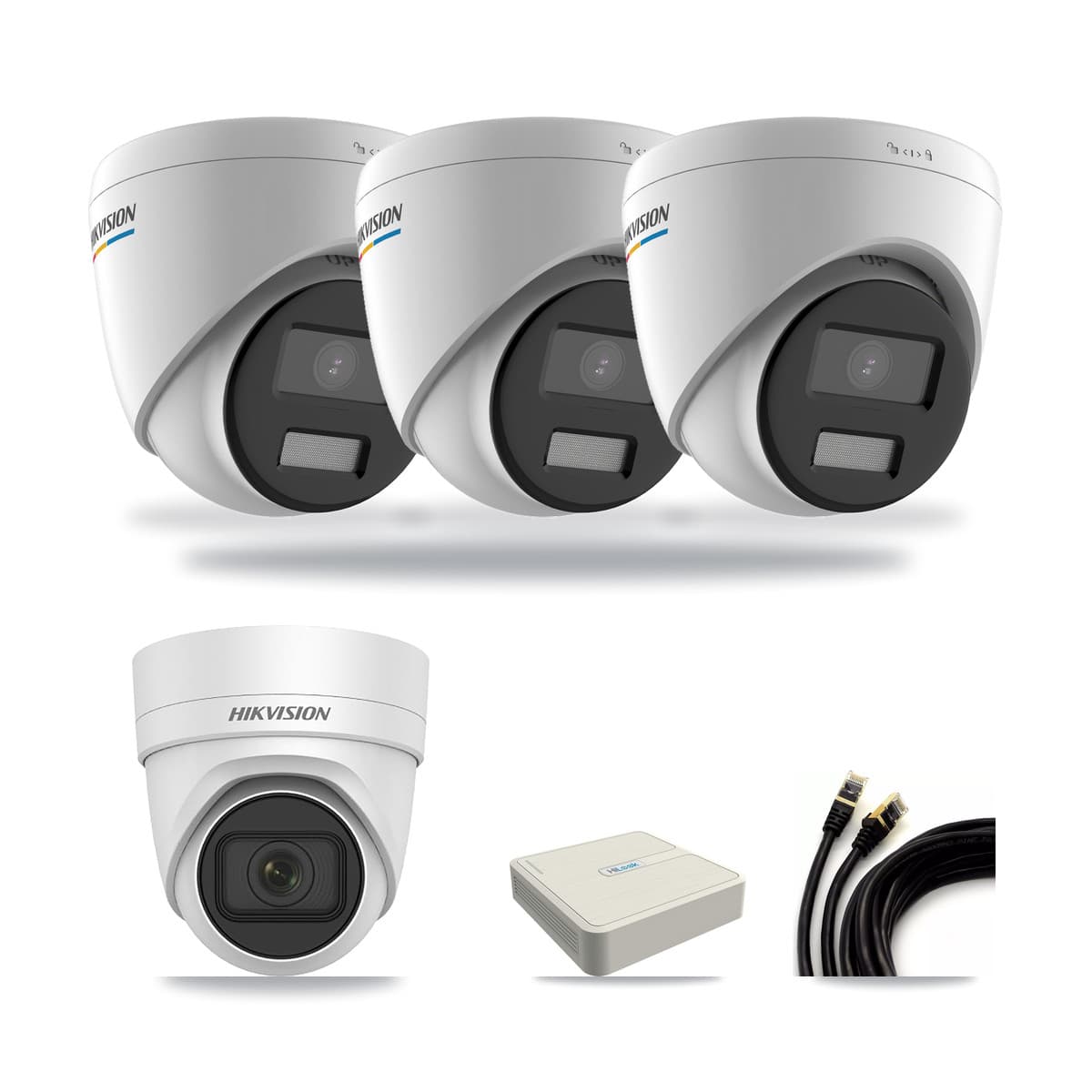 Hikvision & HiLook 8-Channel 2MP – 4MP CCTV Kit — 3 DS-2CD1327G2 2MP + 1 DS-2CD2H45FWD 4MP Turret Cameras + 3TB Recording - Image 1