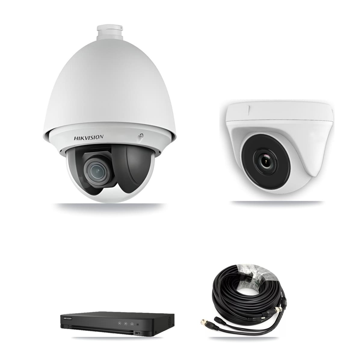 Hikvision 4-Channel 2MP CCTV Kit — 1 DS-2AE4225T PTZ + 1 White HDT-2MP-N20W Dome Cameras + 1TB Recording (DS-7204HGHI Recorder)
