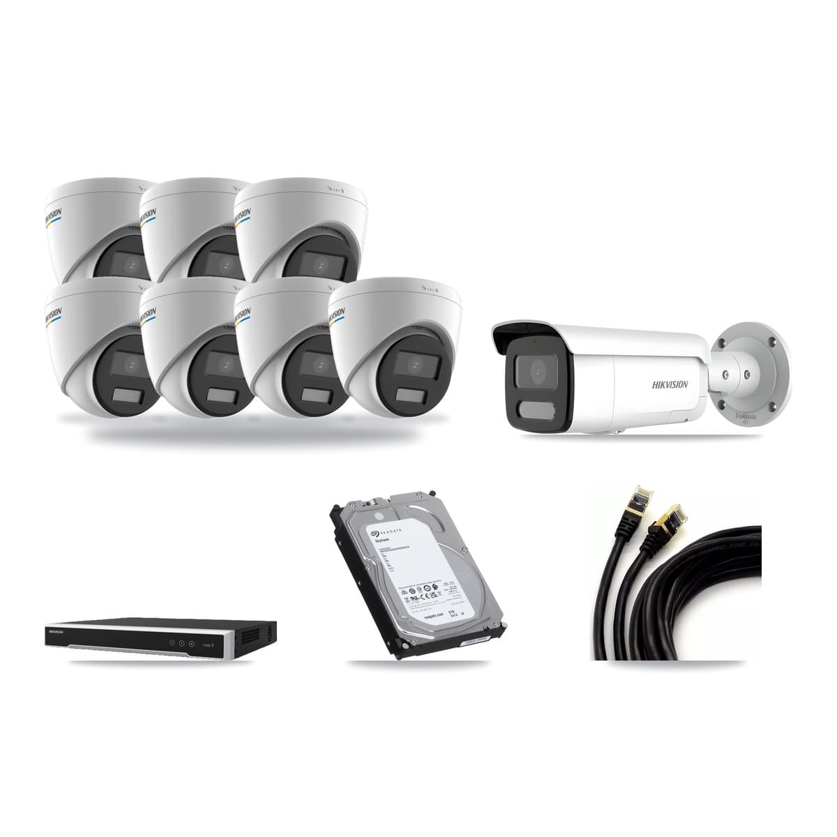 Hikvision 8-channel CCTV kit: 8 cameras (7× 2MP Turret + 1× 4MP Bullet), 6TB hard drive