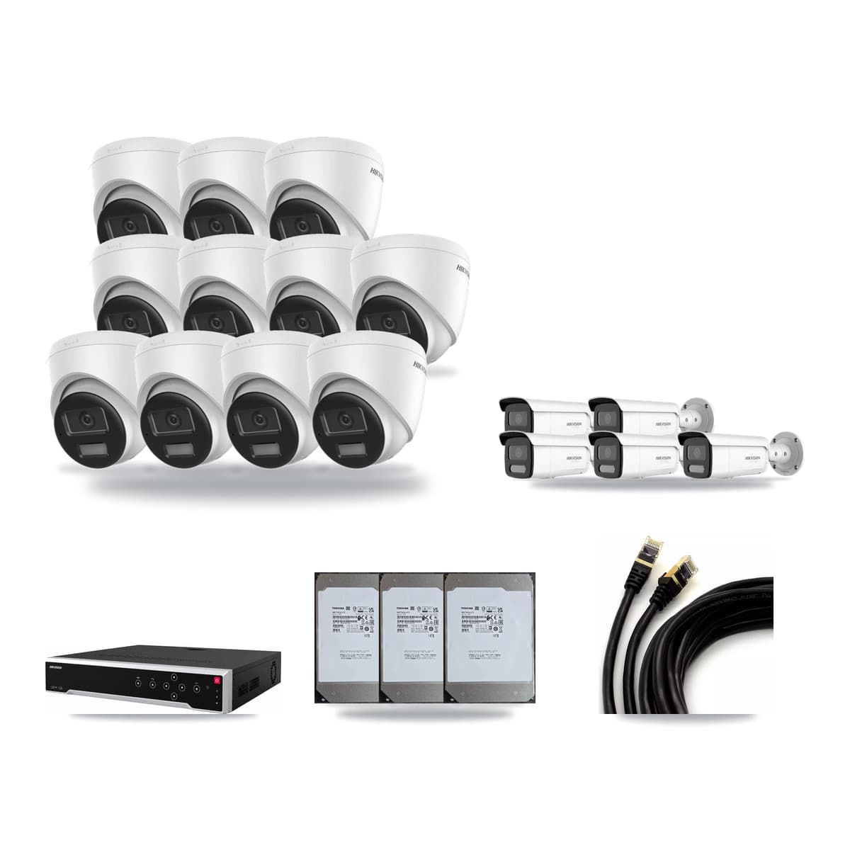 Hikvision 32-Channel 4K CCTV Kit — 11 DS-2CD1383G2-LIUF/SL Turret + 5 White DS-2CD2T87G2H-LISU/SL-2.8MM-W Bullet Cameras + 3× 14TB Recording (DS-7732NI-M4/24P Recorder) - Image 1