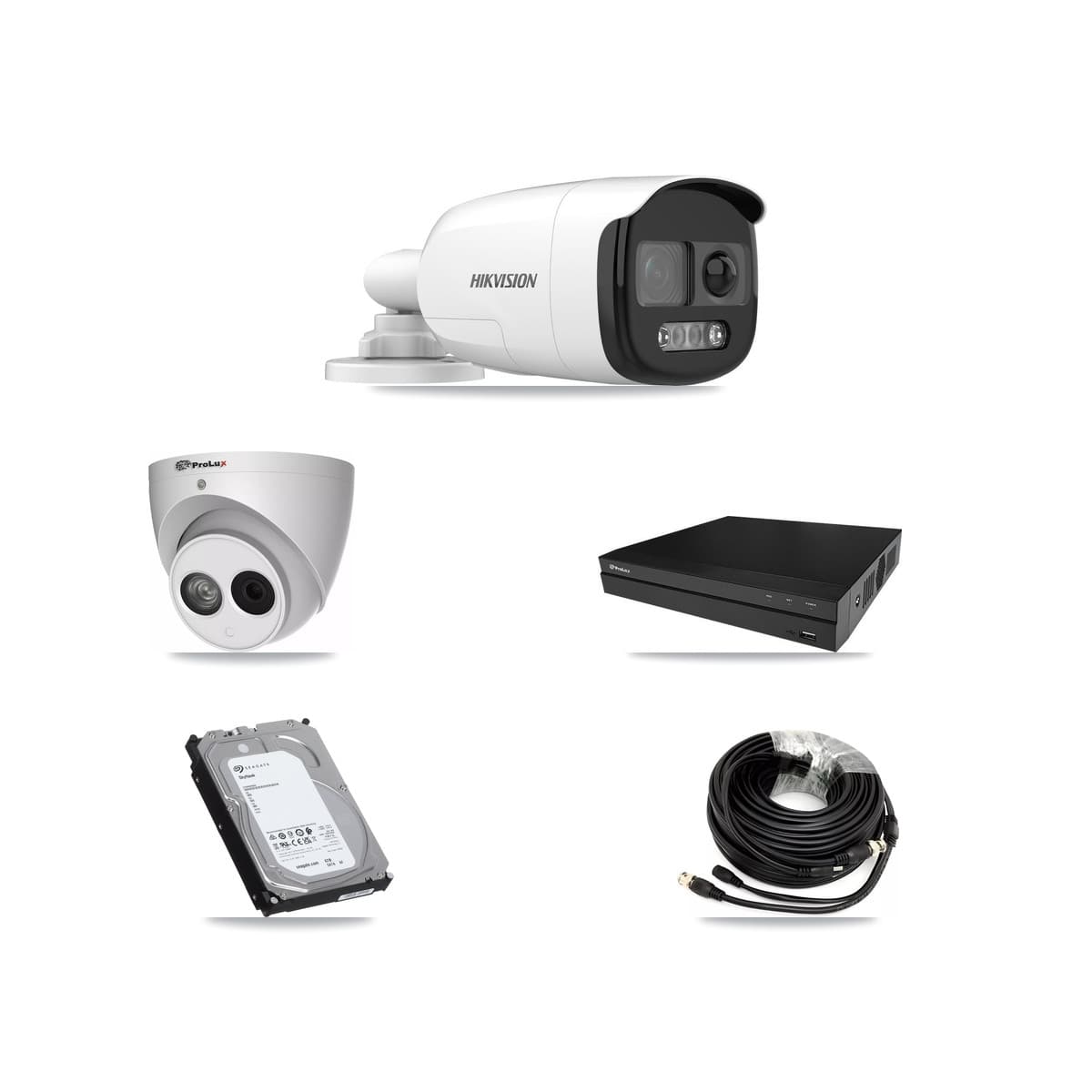 Hikvision & Prolux 8-Channel 4MP – 5MP CCTV Kit — 5 DS-2CE12KF3T 5MP Bullet + 1 PXC-612C4W-A 4MP Turret Cameras + 6TB Recording (PXD-5208AN Recorder)