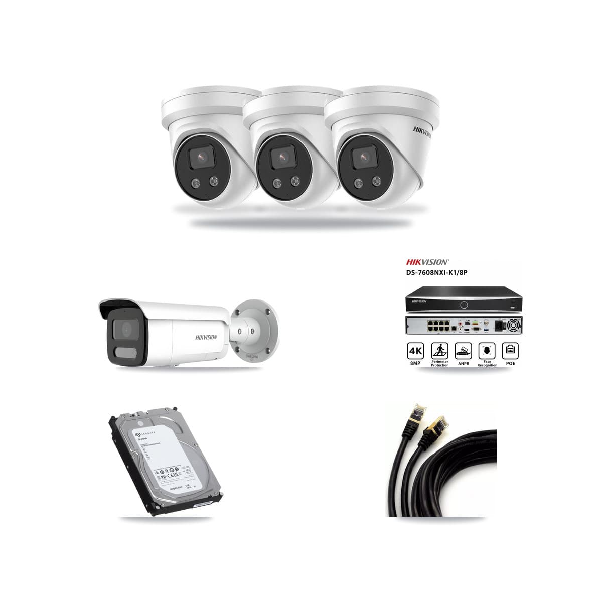 Hikvision 8-Channel 4MP – 5MP CCTV Kit — 1 4MP Bullet + 3 5MP Turret Cameras + 6TB Recording (DS-7608NXI Recorder) - Image 1