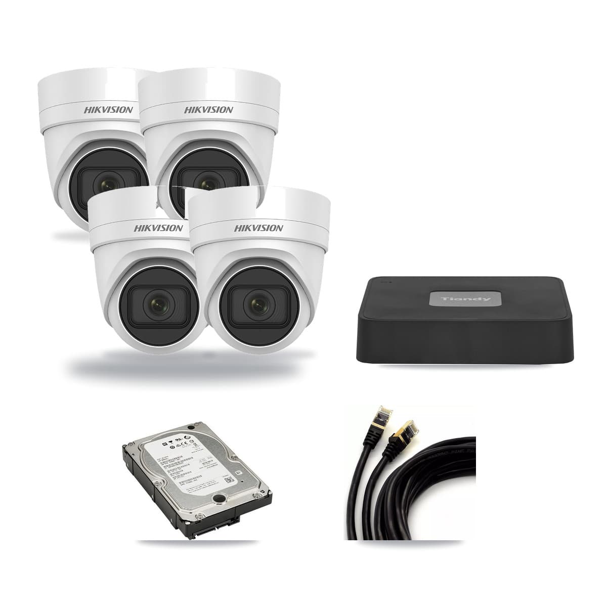 Hikvision & Tiandy 4-Channel 4MP CCTV Kit — 4 DS-2CD2H45FWD Turret Cameras + 5TB Recording - Image 1