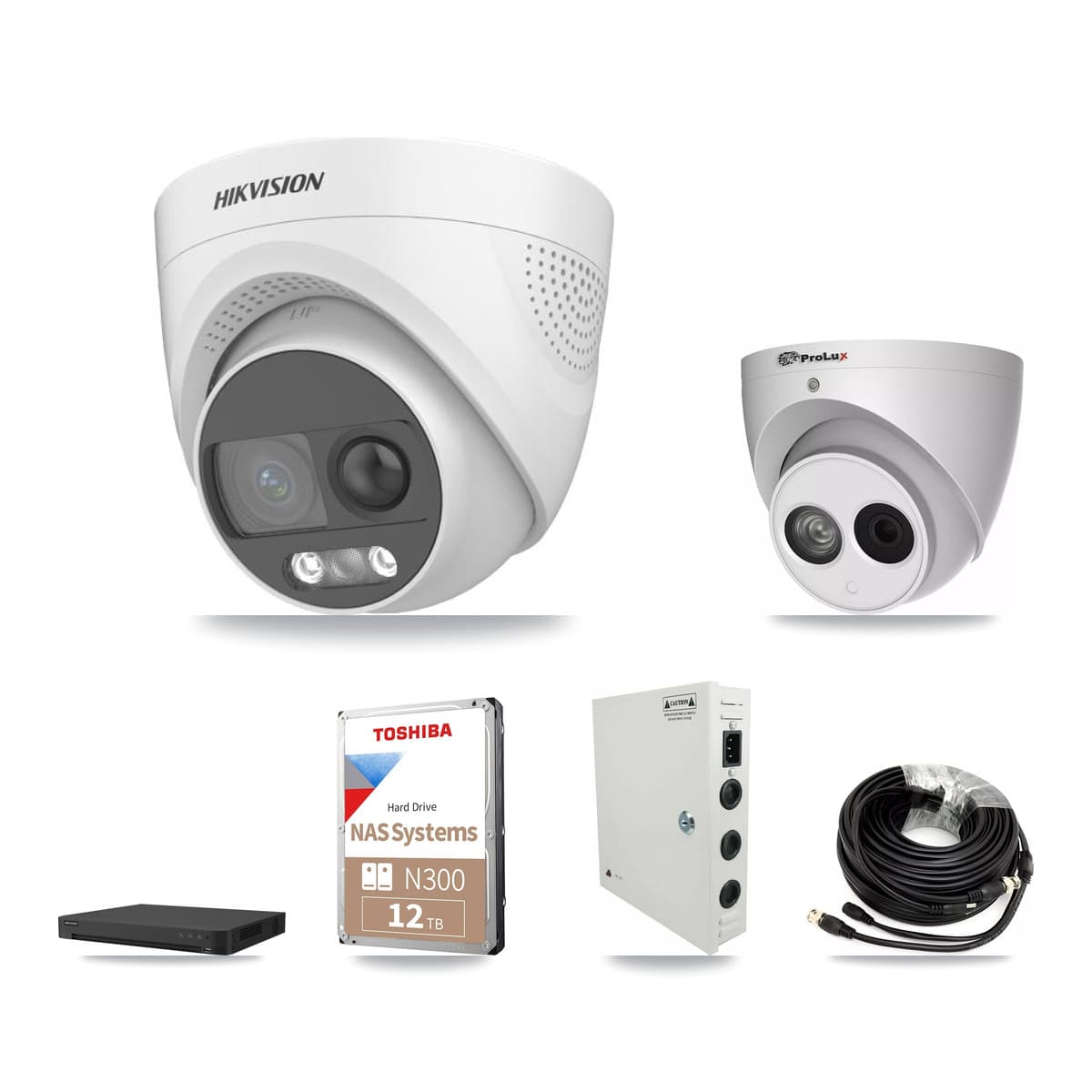 Hikvision & Prolux 32-Channel 4MP – 5MP CCTV Kit — 24 DS-2CE72KF3T 5MP + 1 PXC-612C4W-A 4MP Turret Cameras + 2× 12TB Recording