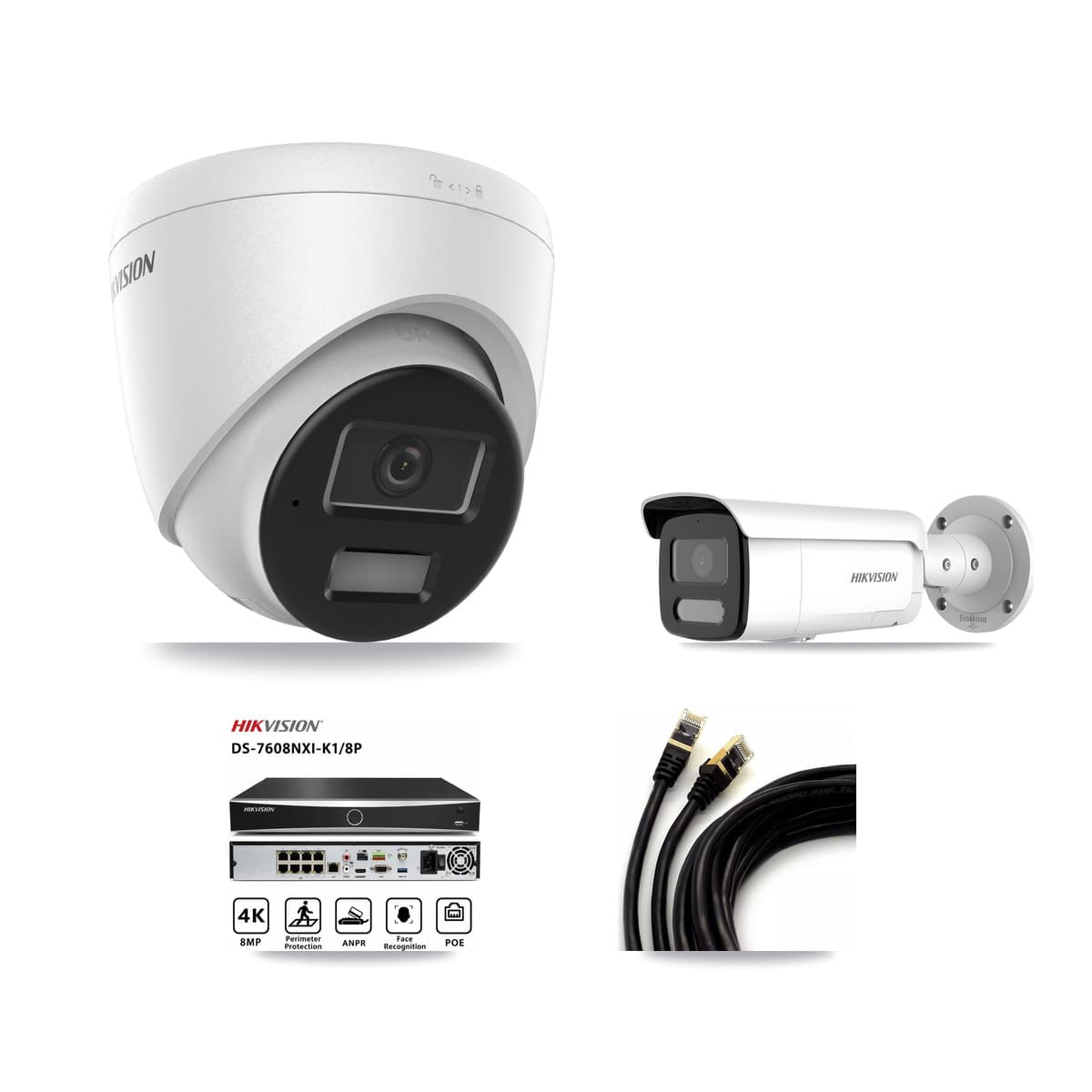 Hikvision 8-Channel 4MP CCTV Kit — 1 DS-2CD1343G2 Turret + 1 DS-2CD2T47G2H Bullet Cameras + 3TB Recording (DS-7608NXI Recorder) - Image 1