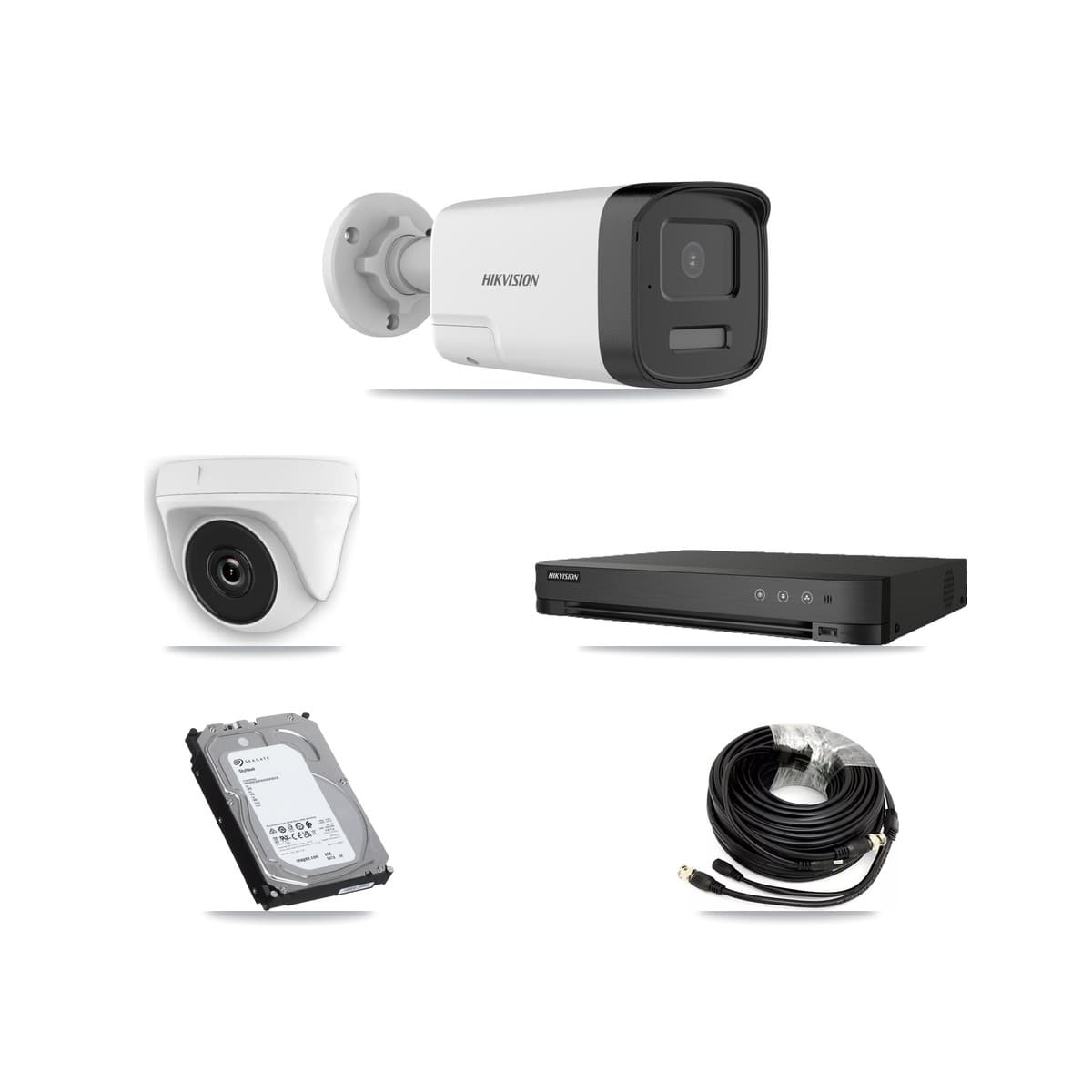 Hikvision 8-Channel 2MP – 5MP CCTV Kit — 3 DS-2CE17K0T 5MP Bullet + 1 White HDT-2MP-N20W 2MP Dome Cameras + 6TB Recording (IDS-7208HQHI Recorder)