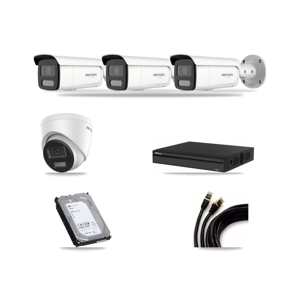 Hikvision & Prolux 4-Channel 4K CCTV Kit — 1 DS-2CD1383G2-LIUF/SL Turret + 3 White DS-2CD2T87G2H-LISU/SL-2.8MM-W Bullet Cameras + 6TB Recording (PXN-2104HS-4P-4K Recorder) - Image 1