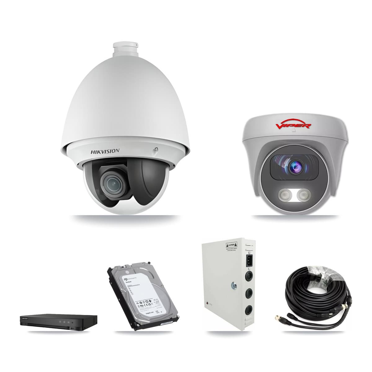 Hikvision & Viper 8-Channel 2MP – 5MP CCTV Kit — 7 DS-2AE4225T-A 2MP PTZ + 1 White VIPER-5MP-3K-AOC-WHITE-2.8MM 5MP Cameras + 6TB Recording (IDS-7208HUHI-M1/E Recorder) - Image 1