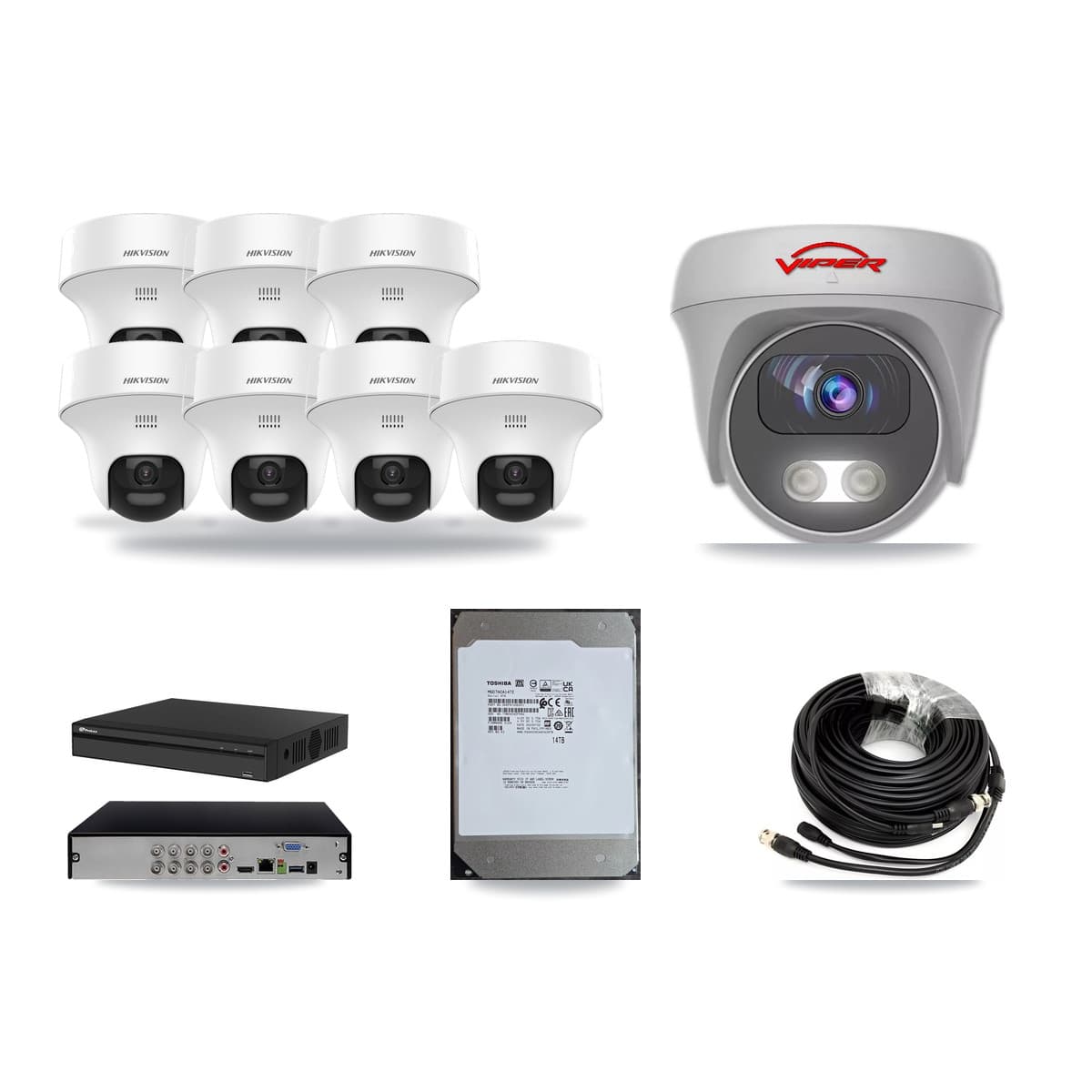 8-Channel 5MP CCTV Kit — 7 DS-2CE70K0T Turret + 1 VIPER-5MP-3K Cameras + 14TB Recording - Image 1