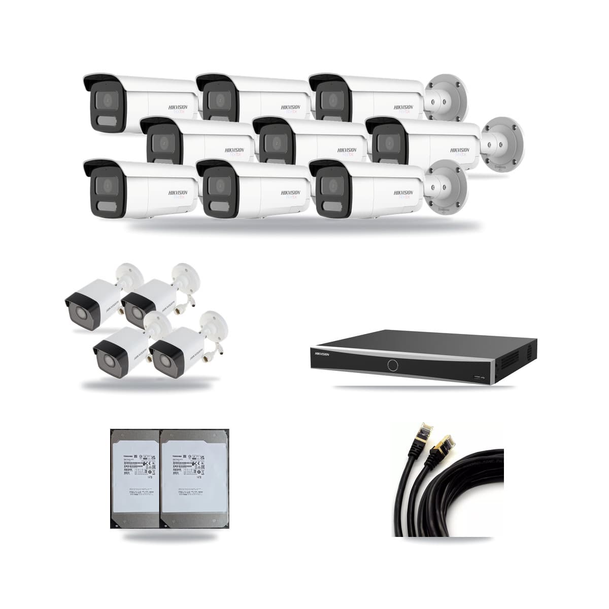 Hikvision 16-channel CCTV kit: 13 cameras (9× 4K Bullet + 4× 5MP Bullet), 2× 14TB hard drive