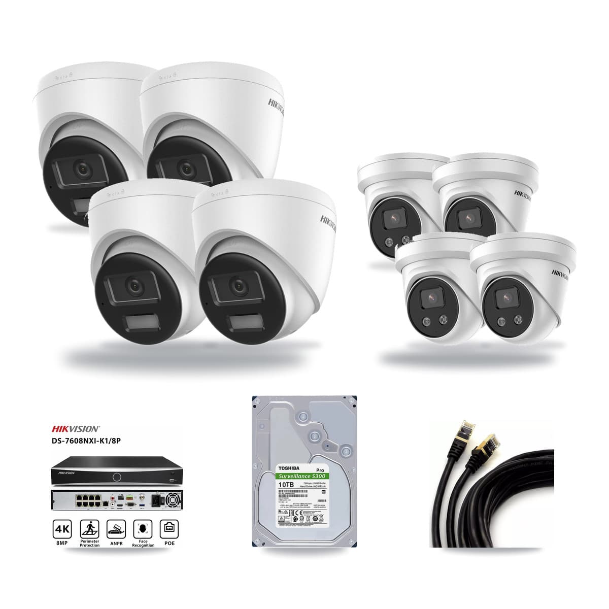 Hikvision 8-Channel 5MP – 4K CCTV Kit — 4 DS-2CD1383G2-LIUF/SL 4K + 4 DS-2CD3356G2-ISU 5MP Turret Cameras + 10TB Recording (DS-7608NXI-K1/8P Recorder) - Image 1