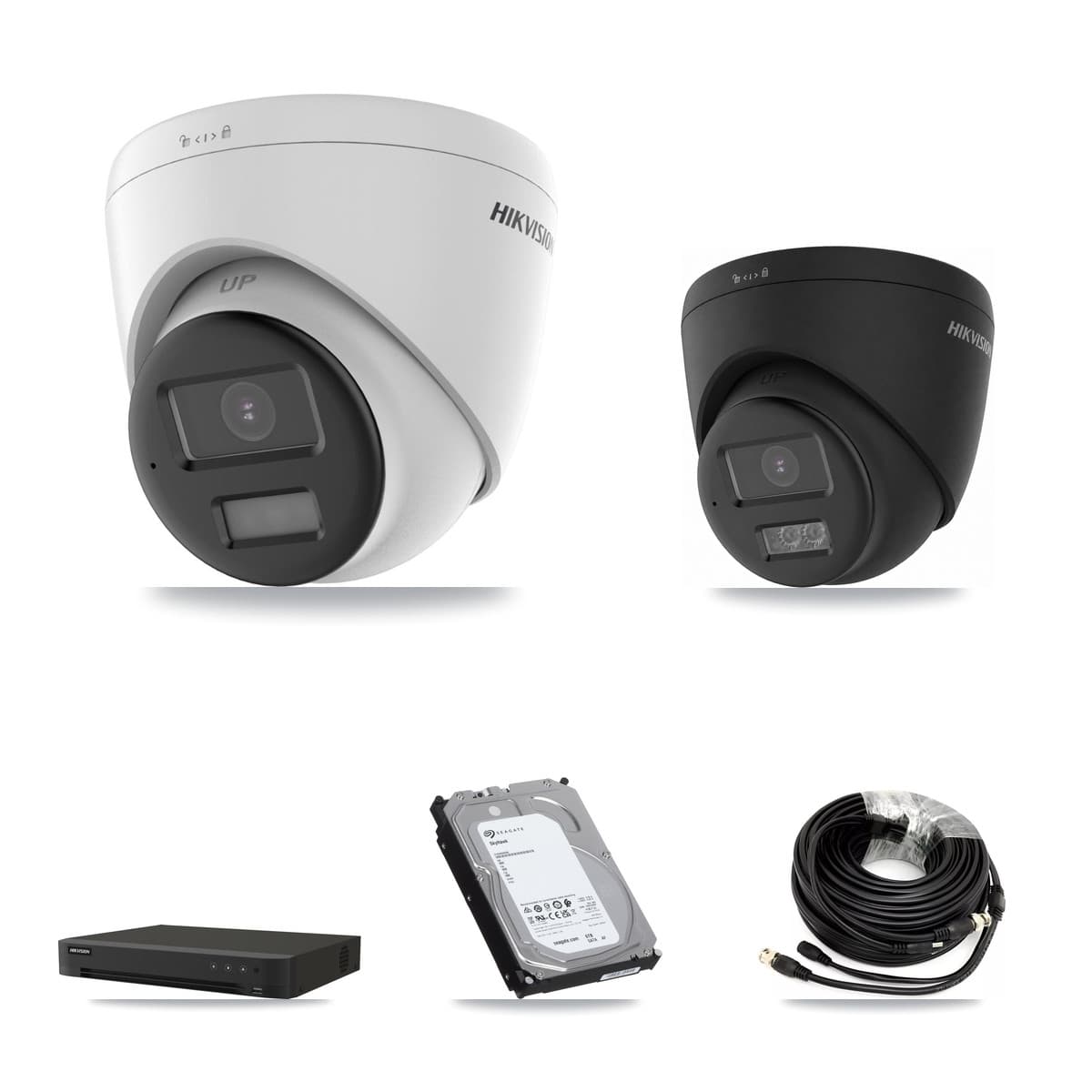 Hikvision 8-Channel 4K CCTV Kit — 6 DS-2CE78U0T-LPTS + 2 Black DS-2CE78U0T-LTS-BLACK Turret Cameras + 6TB Recording (IDS-7208HUHI-M1/XT Recorder)