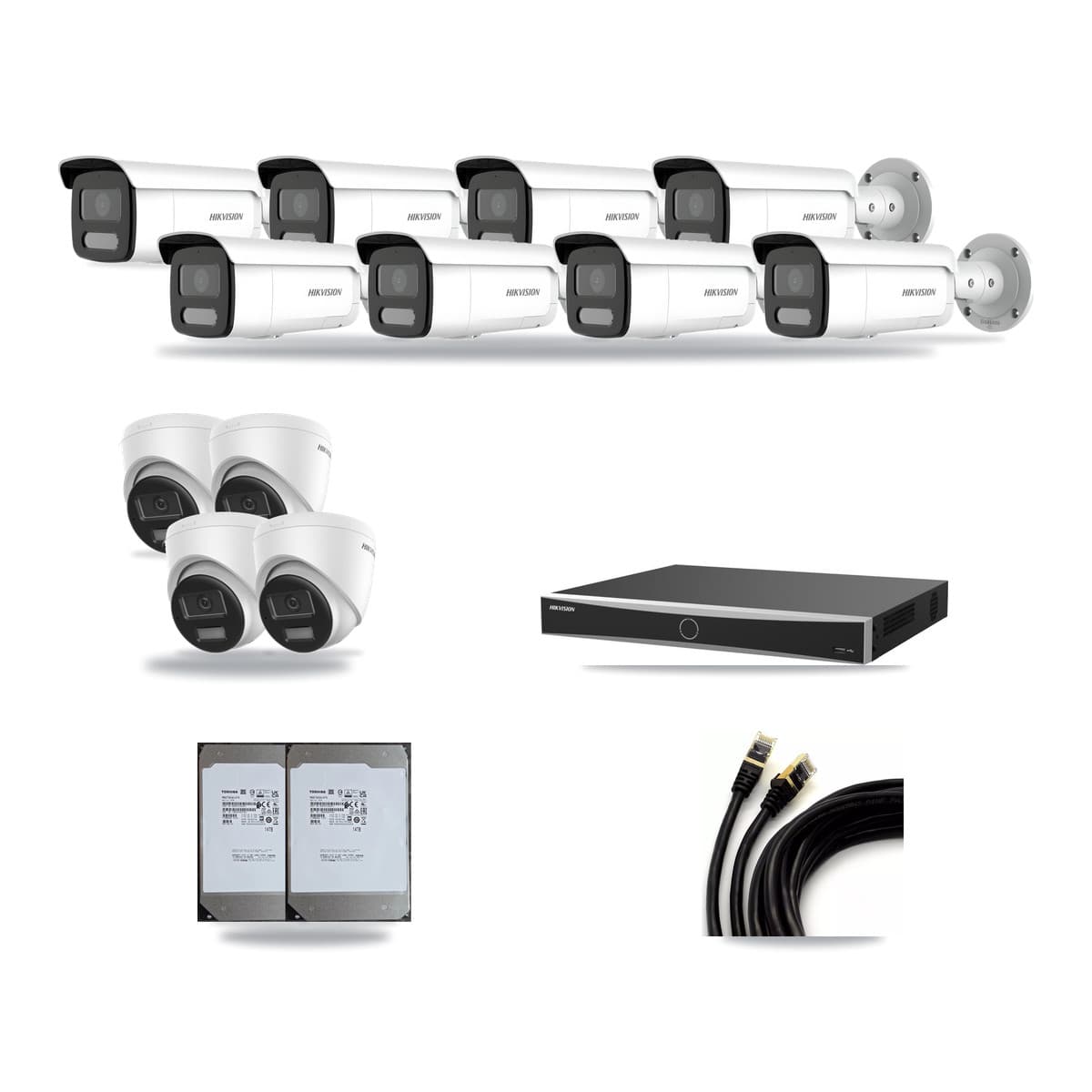 Hikvision 16-Channel 4MP – 4K CCTV Kit — 4 DS-2CD1383G2-LIUF/SL 4K Turret + 8 DS-2CD2T47G2H-LISU/SL 4MP Bullet Cameras + 2× 14TB Recording (DS-7616NXI-K2/16P(E) Recorder) - Image 1
