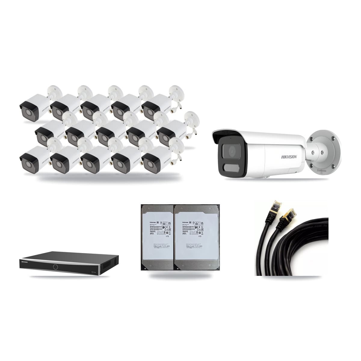 Hikvision 16-Channel 4MP – 5MP CCTV Kit — 15 5MP + 1 4MP Bullet Cameras + 2× 14TB Recording (DS-7616NXI Recorder) - Image 1