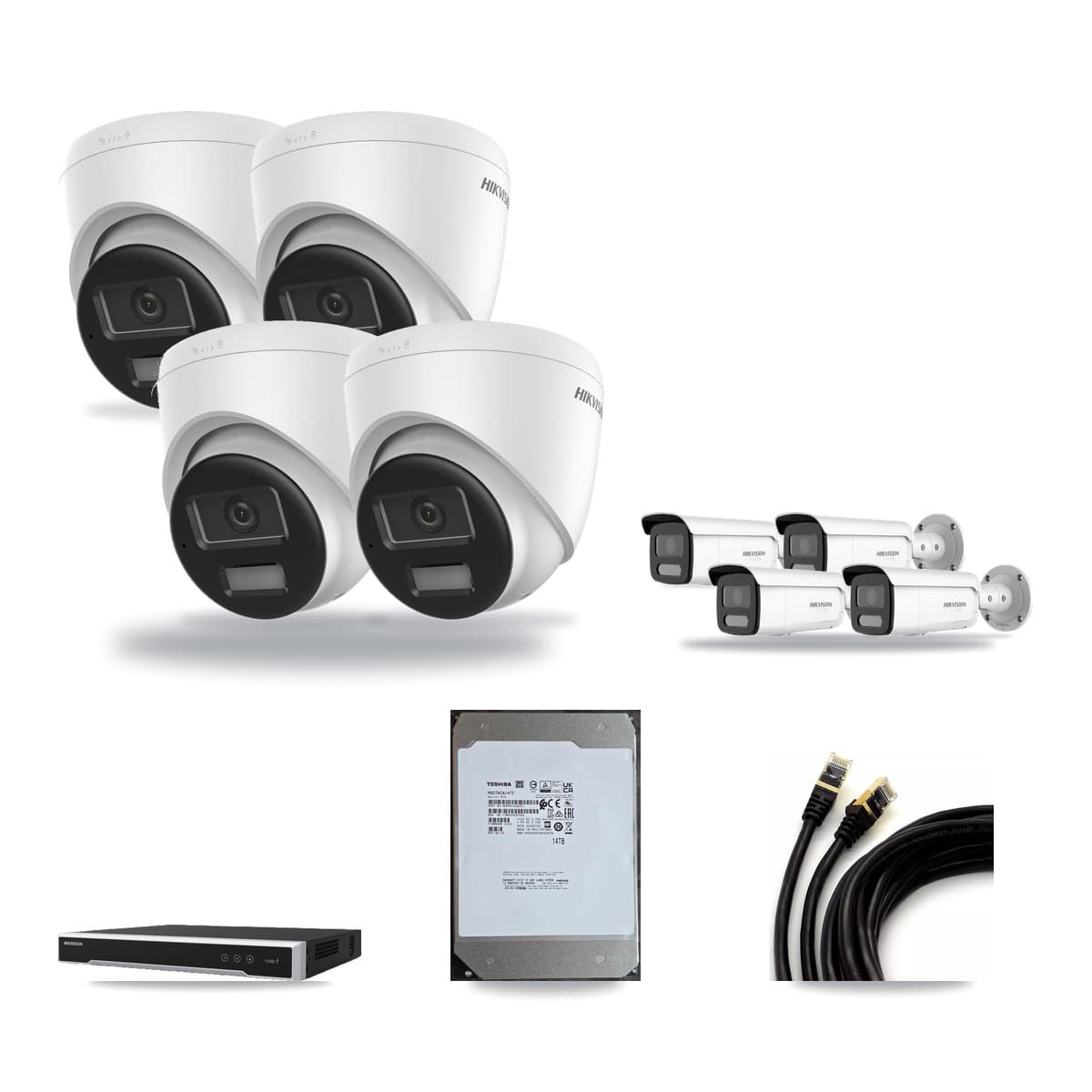 Hikvision 8-Channel 4K CCTV Kit — 4 DS-2CD1383G2-LIU Turret + 4 White DS-2CD2T87G2H-LISU/SL-2.8MM-W Bullet Cameras + 14TB Recording (DS-7608NI-M2/8P Recorder) - Image 1